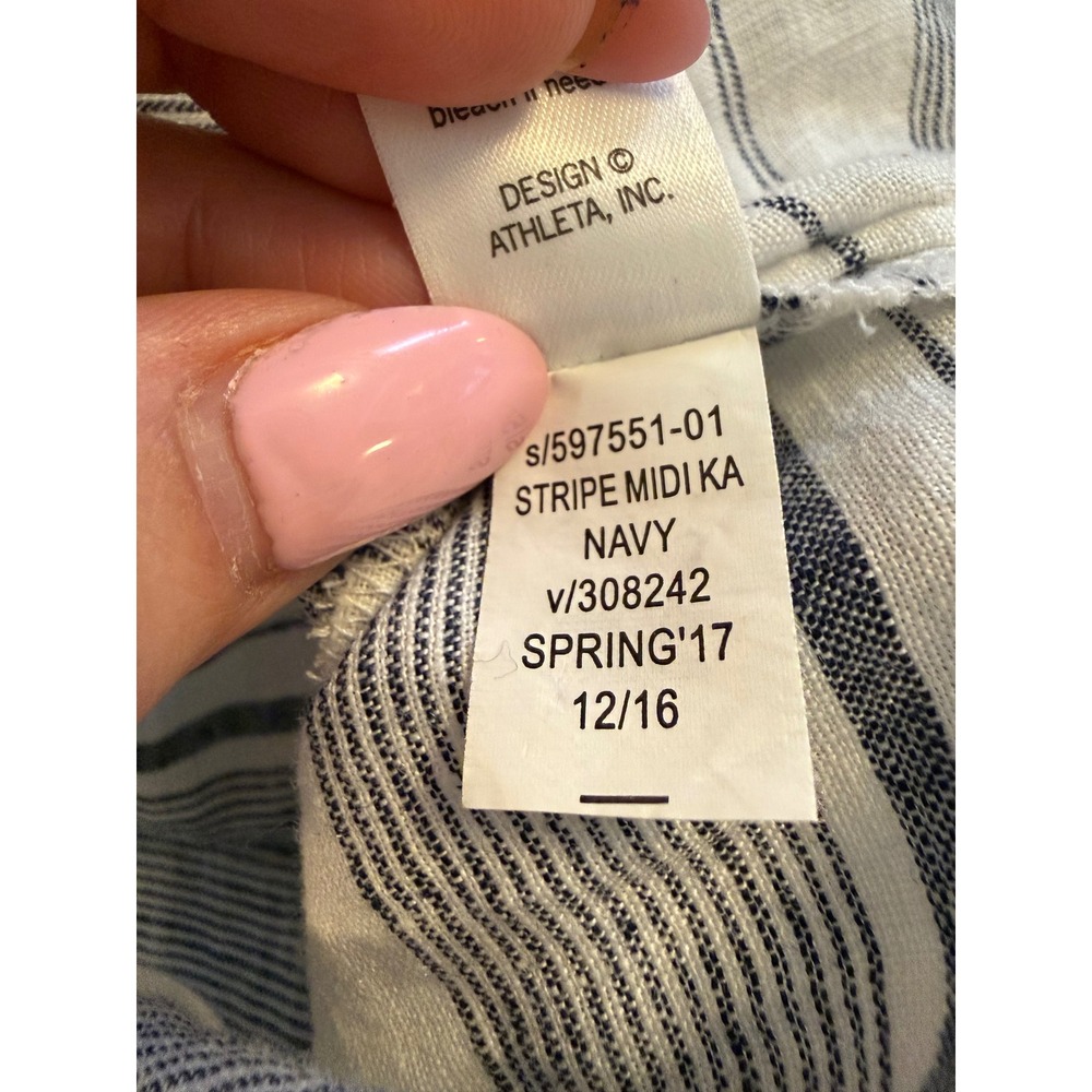 Athleta Stripe Midi Kaftan Women Medium Navy‎ White Linen Sleeveless Dress - Picture 8 of 8